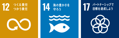 12つくる責任つかう責任 14海の豊かさを守ろう　17パートナーシップで目標を達成しよう