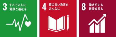 3全ての人に健康と福祉を 4質の高い教育をみんなに 8働きがいも経済成長も